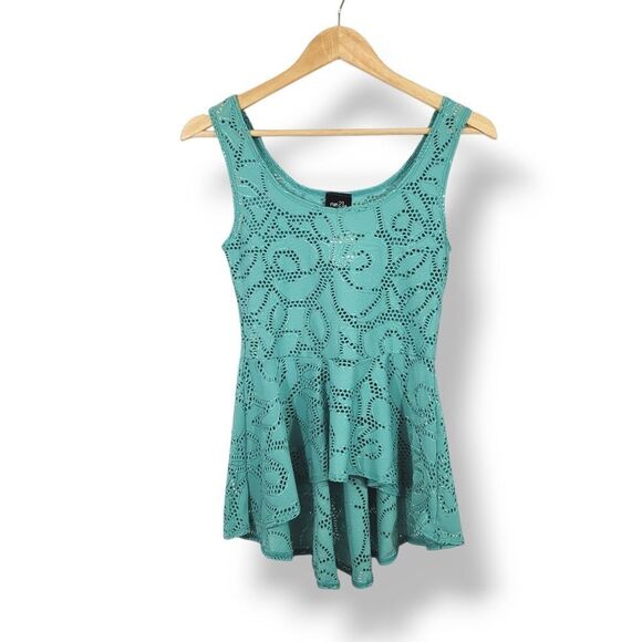 Vintage 90's Y2K Rue 21 High Low Open Knit Peplum Sleeveless Top in Turquoise - Picture 8 of 8